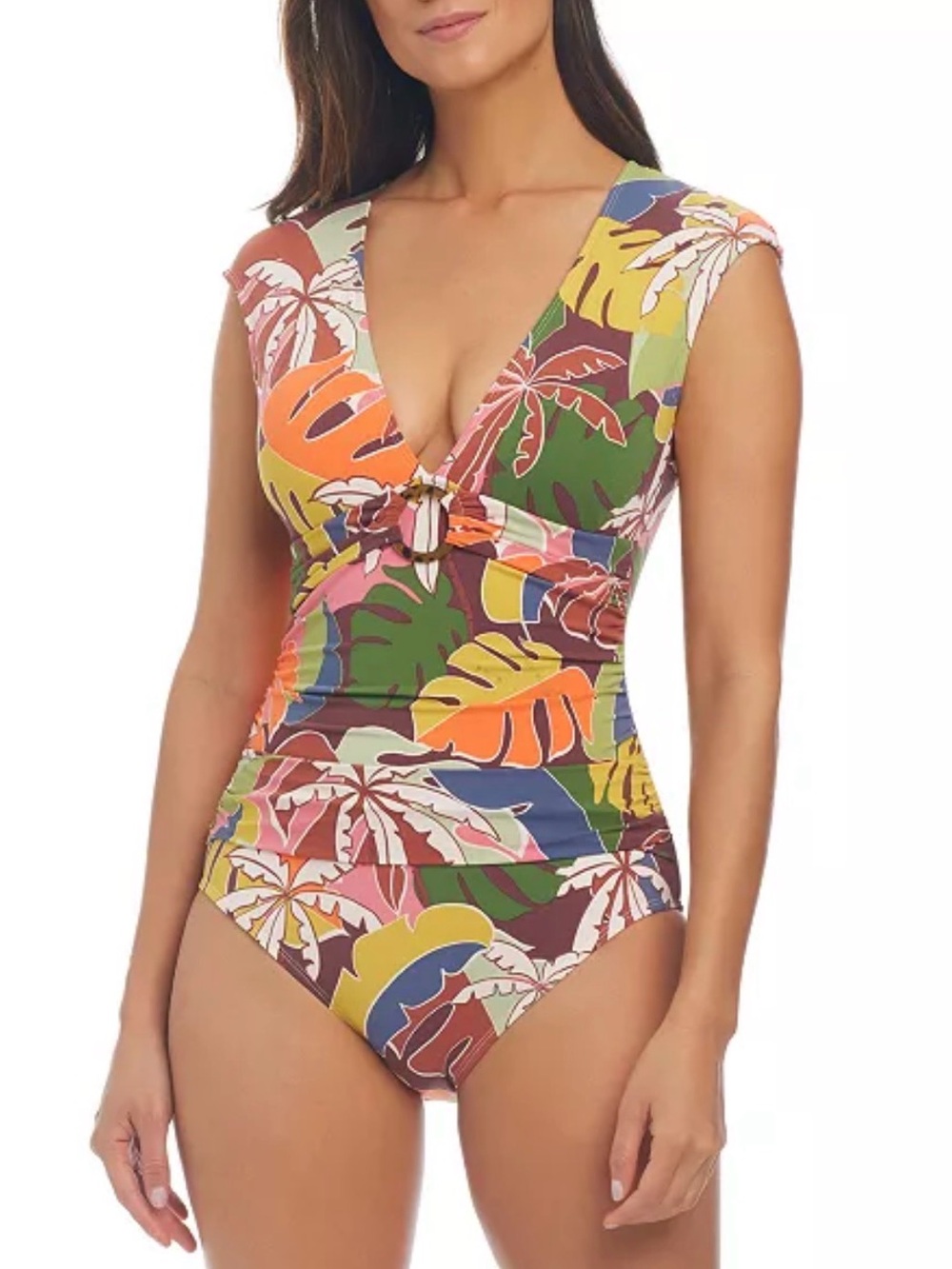 Bleu Rod Beattie Tropical Ring-Front One-Piece in Green, Orange, Yellow